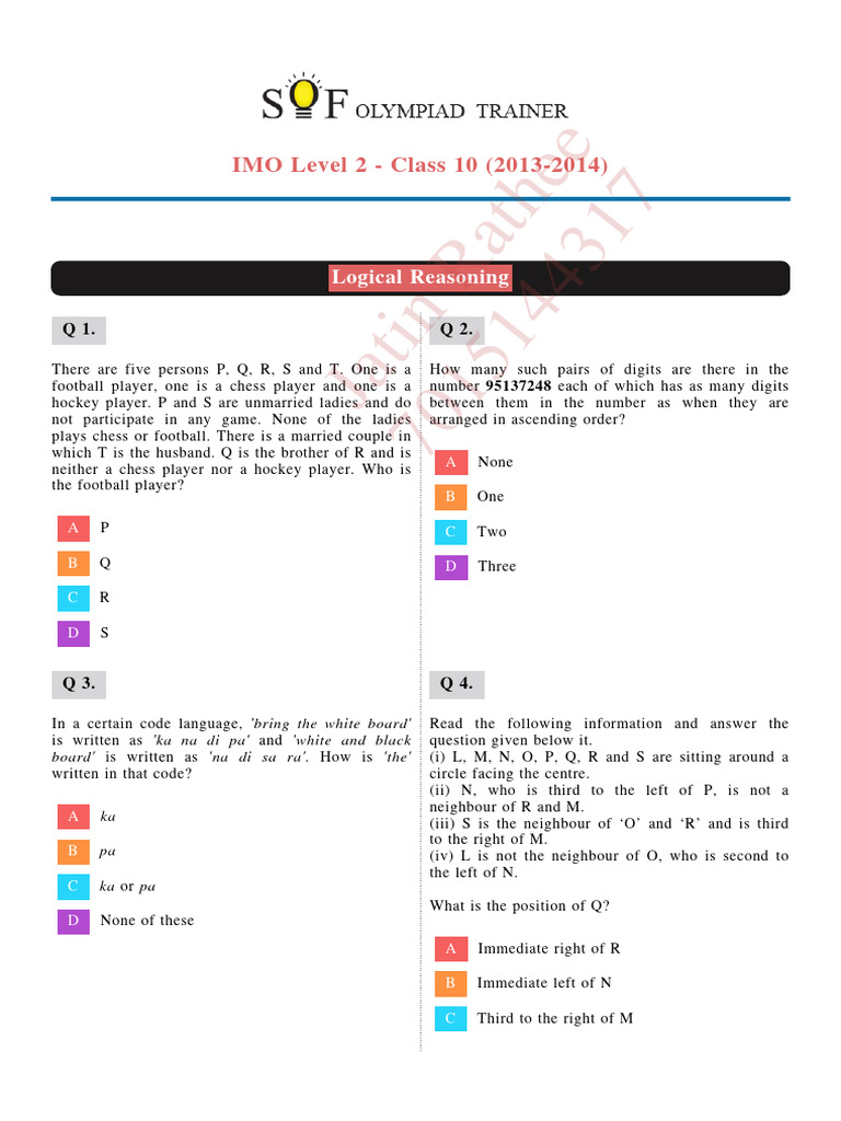 IMO Level 2 - Class 10 (2013-2014) | PDF