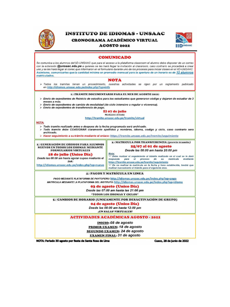 Cronograma de Idiomas Unsaac 2024 | PDF