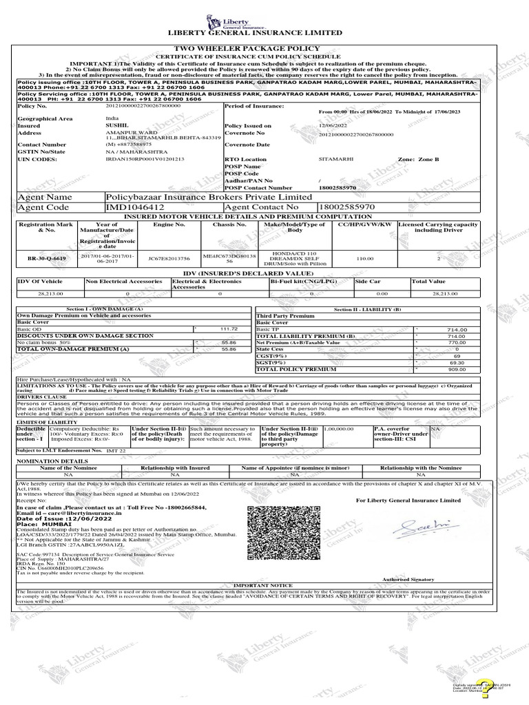 Paytm Two-Wheeler Insurance Policy | PDF | Insurance | Deductible