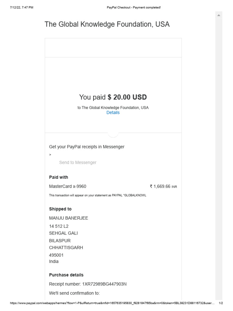 PayPal Payment Receipt for Global Knowledge | PDF