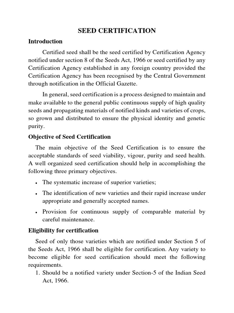 Objective of Seed Certification PDF Seed Certification