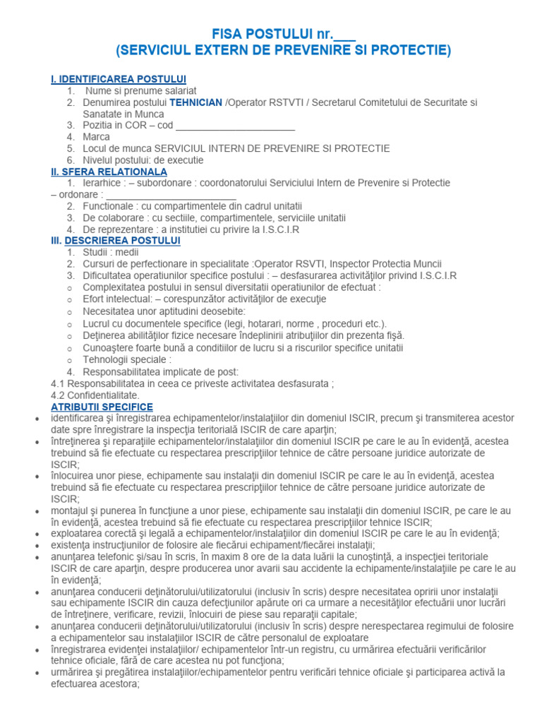 Fisa Postului Expert Ssm+Rsvti | PDF