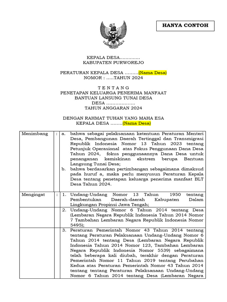 Contoh Perkades KPM BLT Desa 2024 PDF