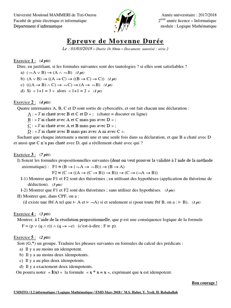 Épreuve de Logique Mathématique UMMTO | PDF | Logique mathématique ...