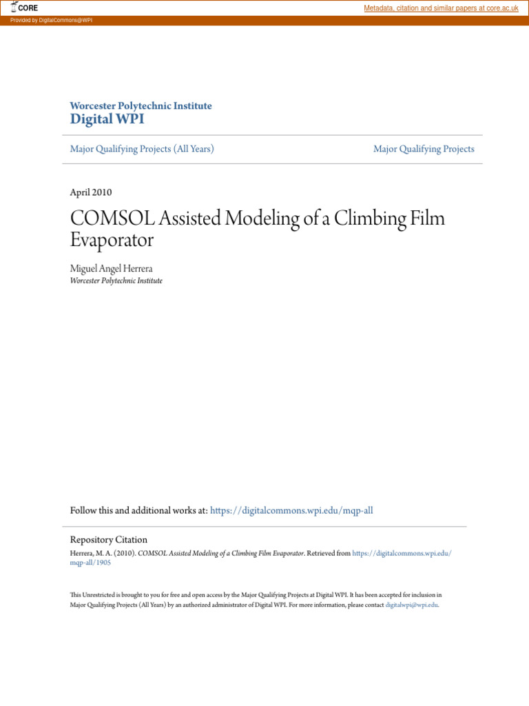 COMSOL Assisted Modeling of A Climbing Film Evaporator Digital WPI
