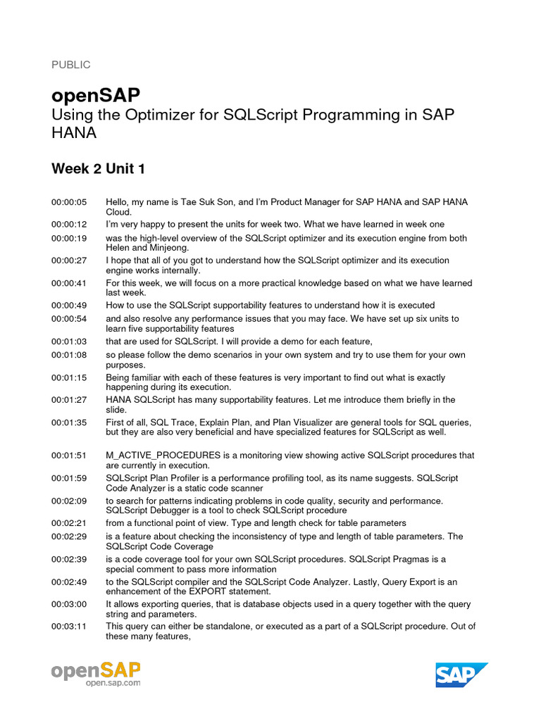 openSAP Hana2ql2 Week 2 Transcript EN | PDF | Parameter (Computer ...