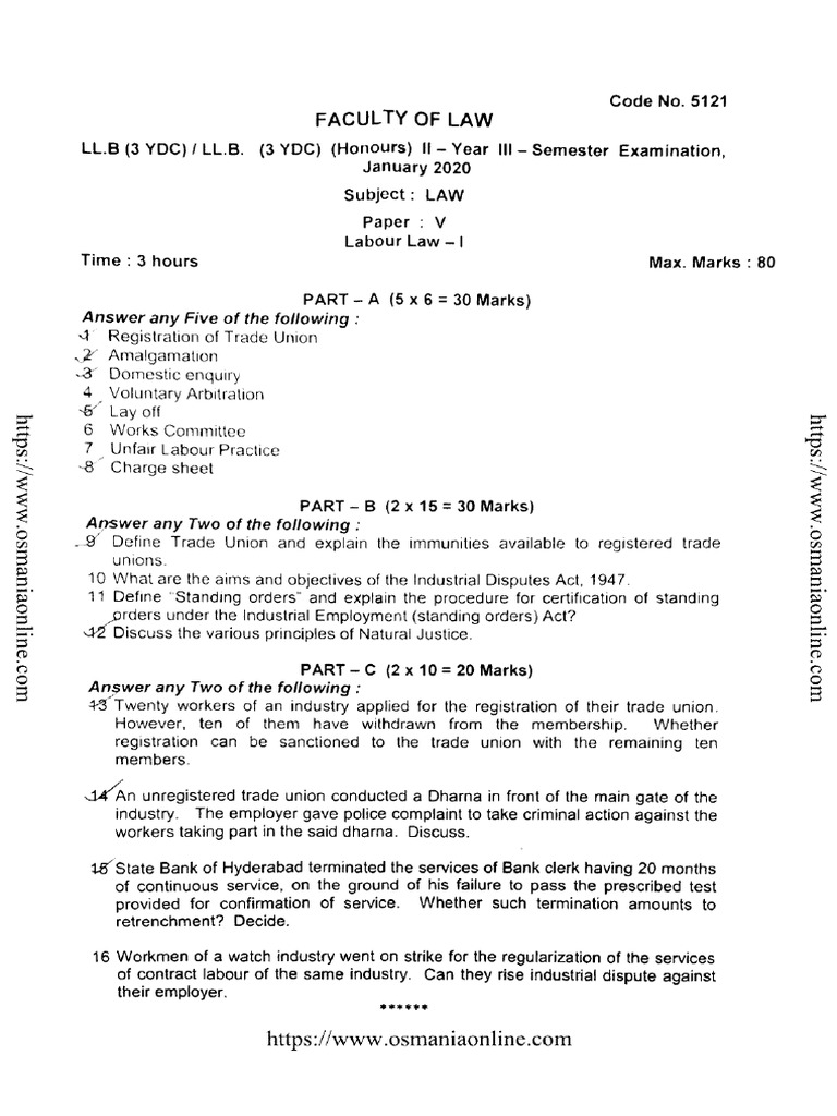 LLB 3rs Sem Labour Law OU - Jan 2020 | PDF