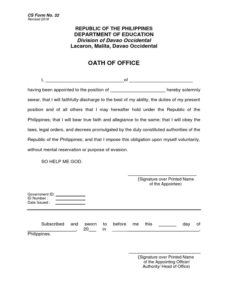 Cs Form No. 32 Oath Of Office Deped