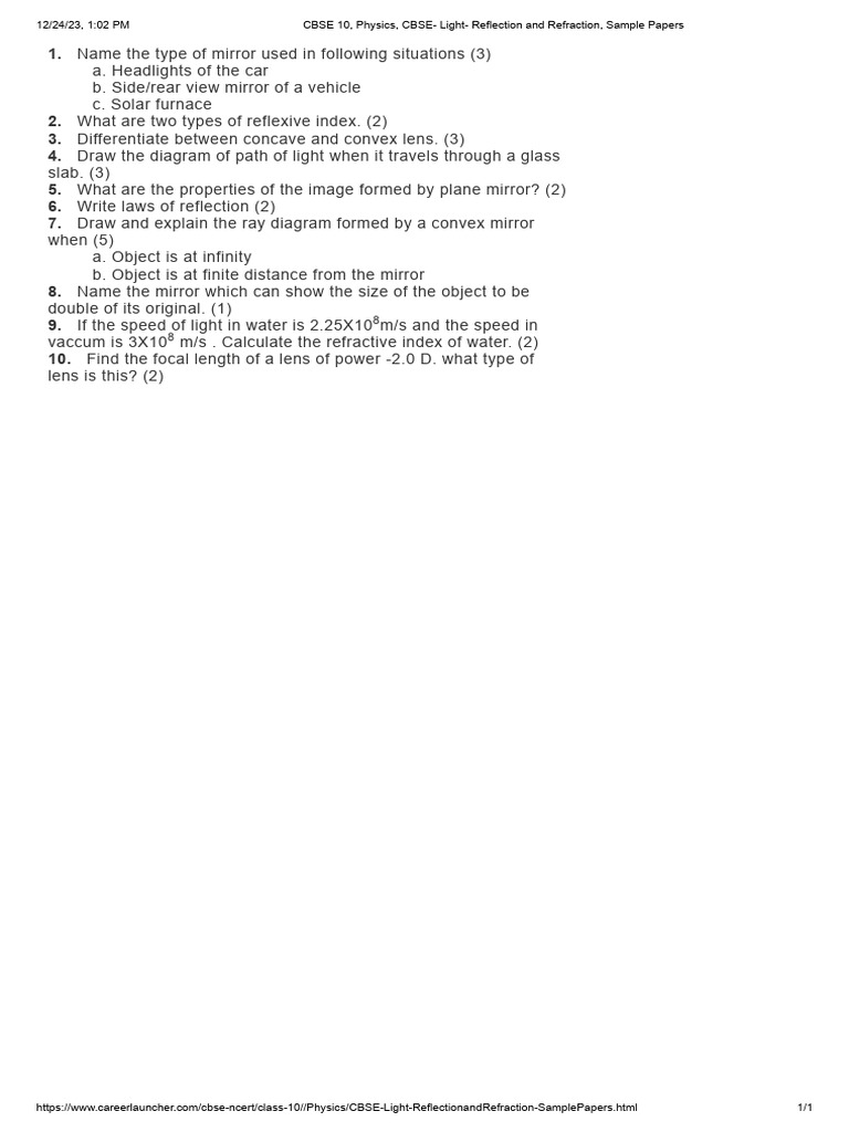 Cbse 10 Physics Cbse Light Reflection And Refraction Sample