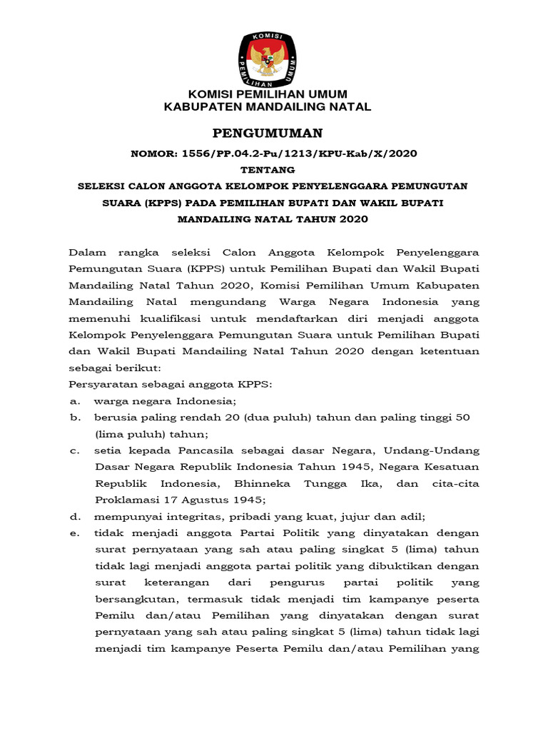 Pengumuman seleksi calon anggota kpps pilkada madina tahun 2020 pdf