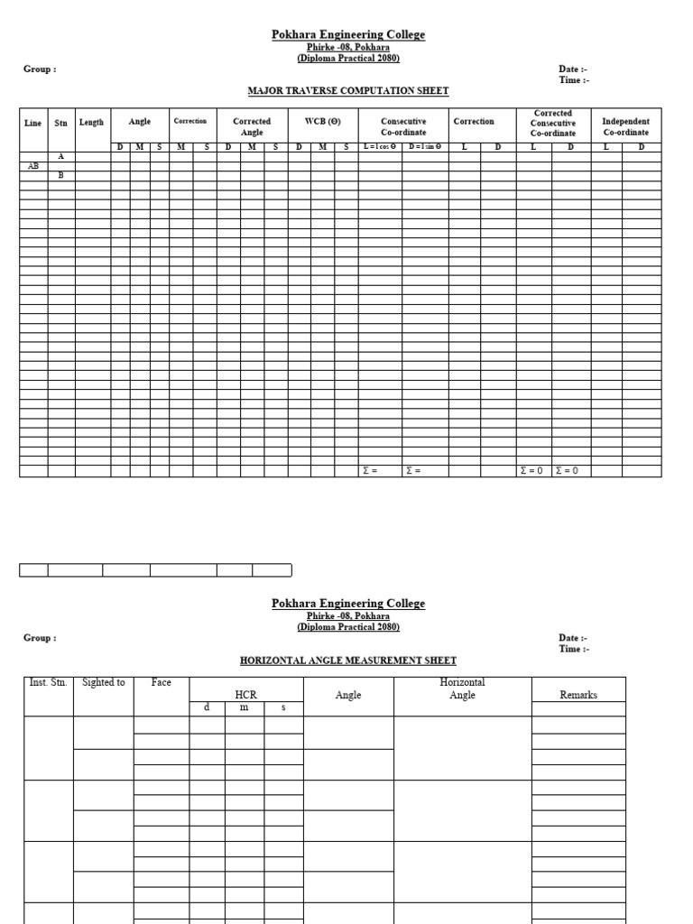 Horizontal Angle Measurement Sheet PDF