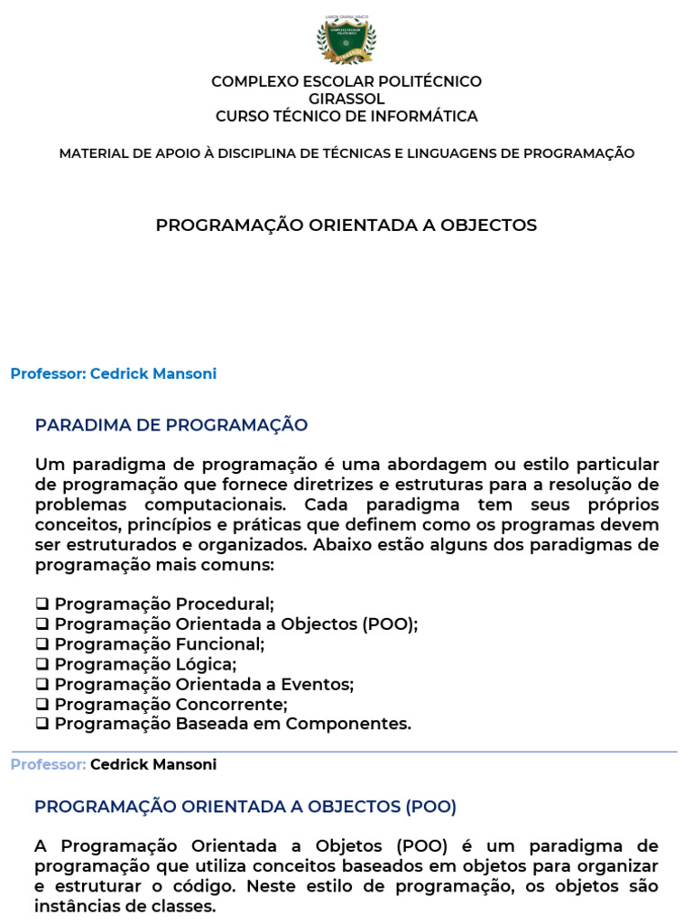 Fundamentos da Programação Orientada a Objetos | PDF | Classe ...