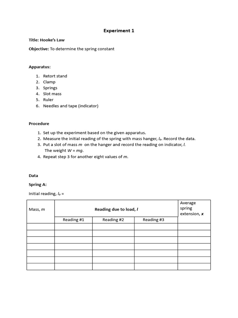 Hooke's Law Experiment: Spring Constant Analysis | PDF
