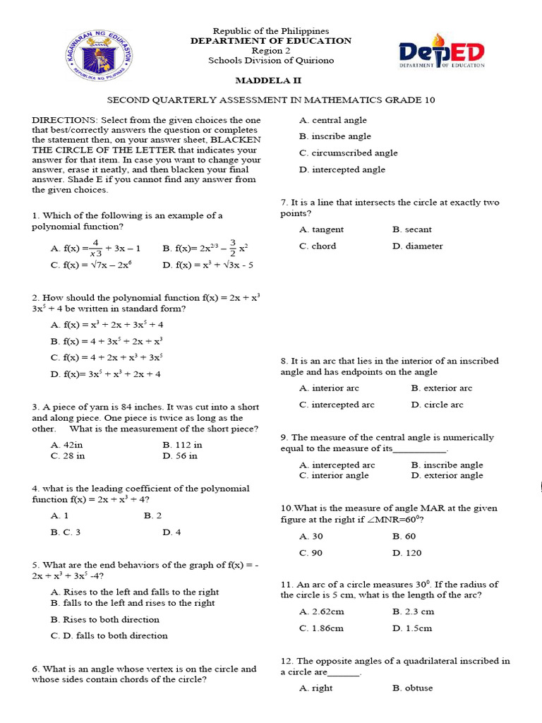 Grade 10 Math Assessment Guide | PDF | Circle | Angle