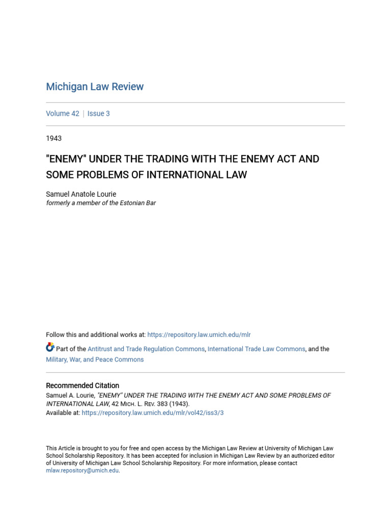 Enemy under the trading with the enemy act and some problems of pdf