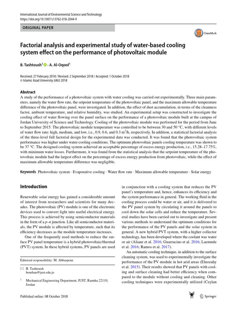 Factorial analysis and experimental study of water based cooling system