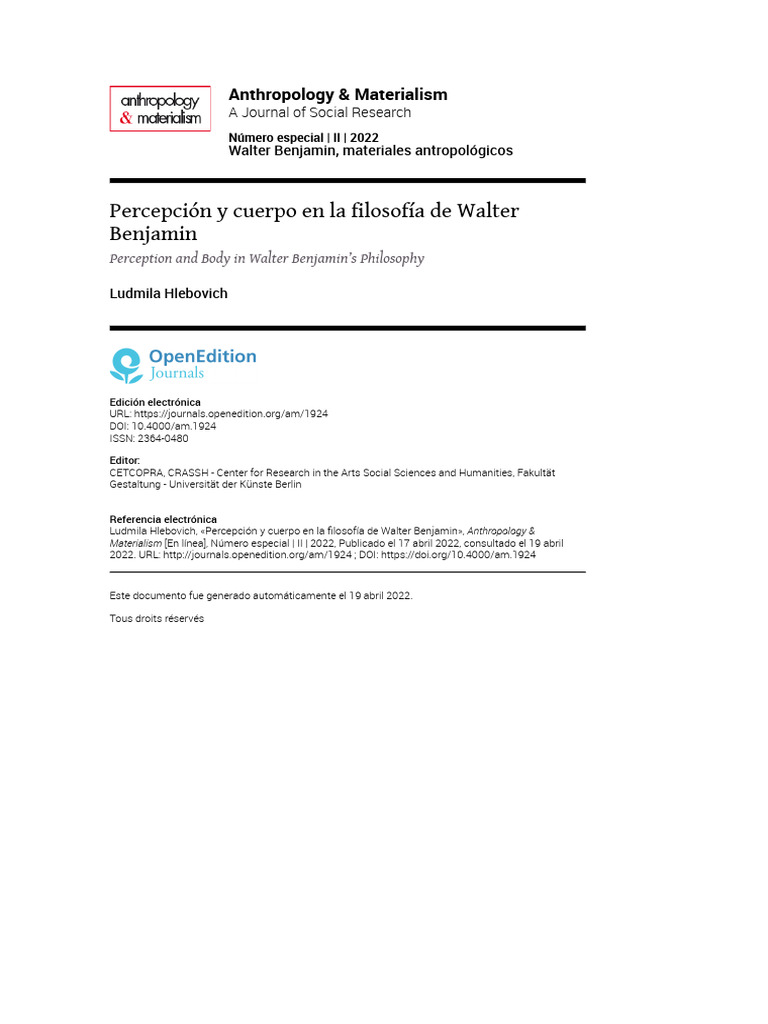 Percepción Y Cuerpo En Benjamin Pdf Percepción Immanuel Kant 