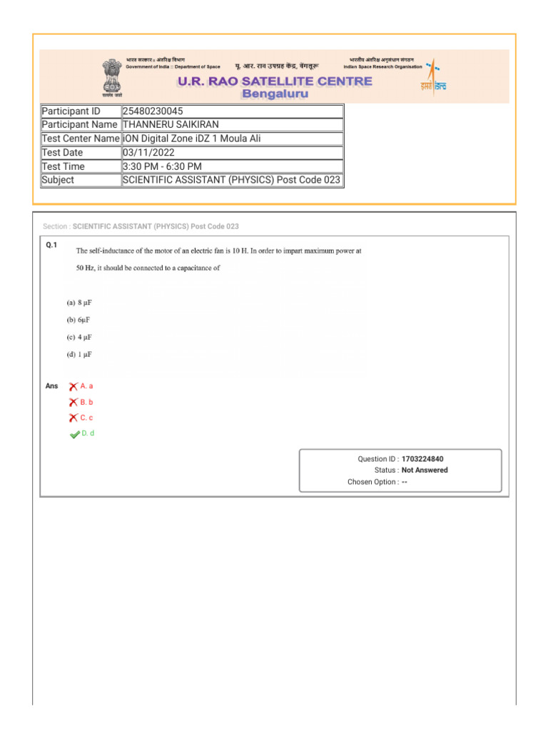 U.R. Rao Satellite Center Scientific Assistant Paper 2022 | PDF