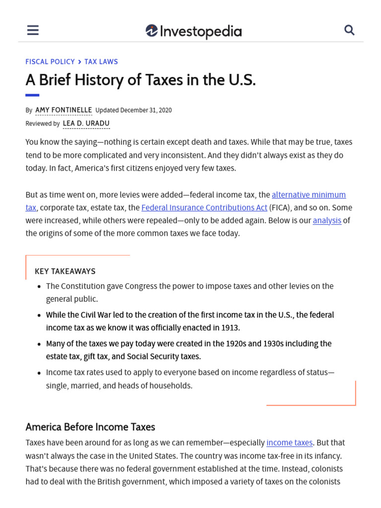 A Brief History of Taxes in The U.S PDF Taxes Tax In The