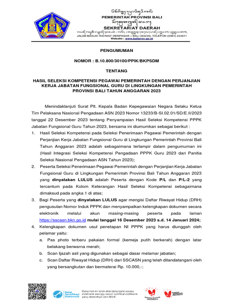 Surat Keluar Pengumuman PPPK Guru 2023 | PDF