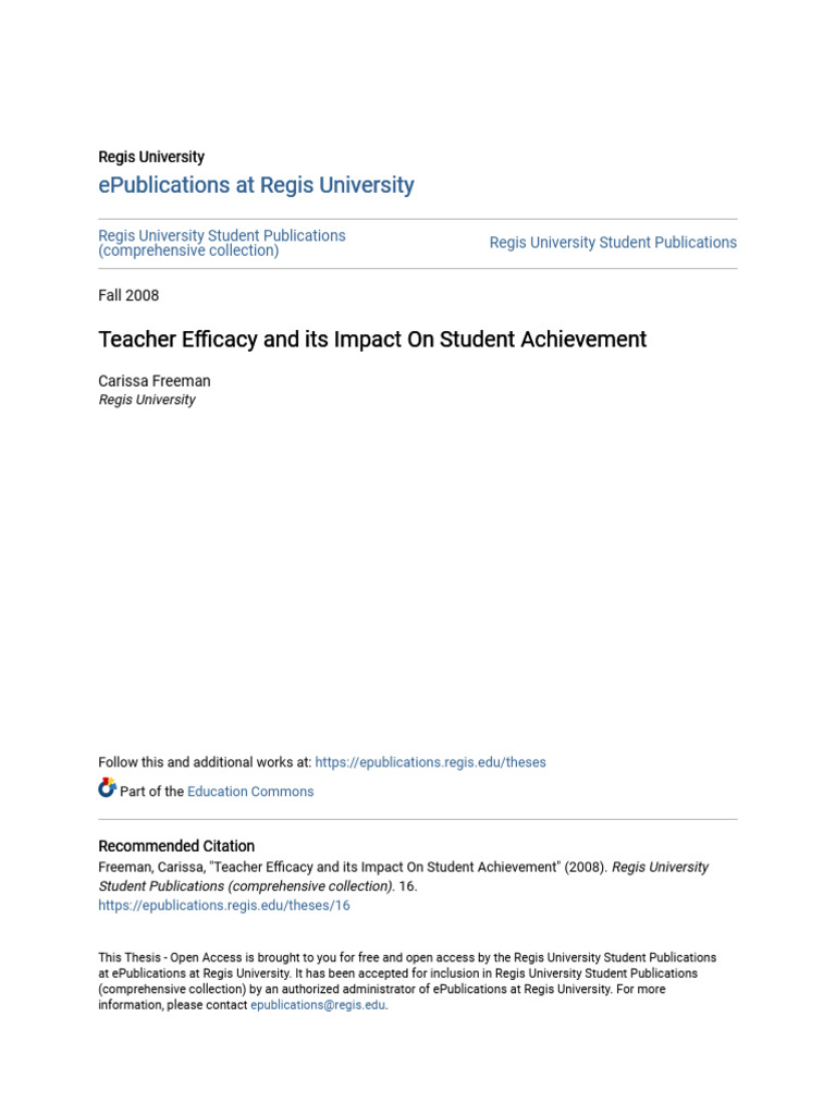 Teacher Efficacy and Its Impact On Student Achievement | PDF | Teachers ...
