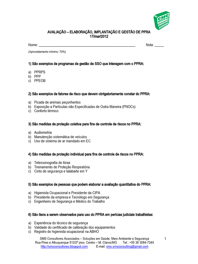 Avaliação - Curso Ppra | PDF