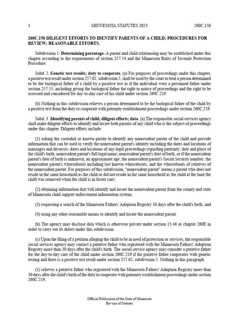 260c 150 diligent efforts to identify parents of a child procedures for