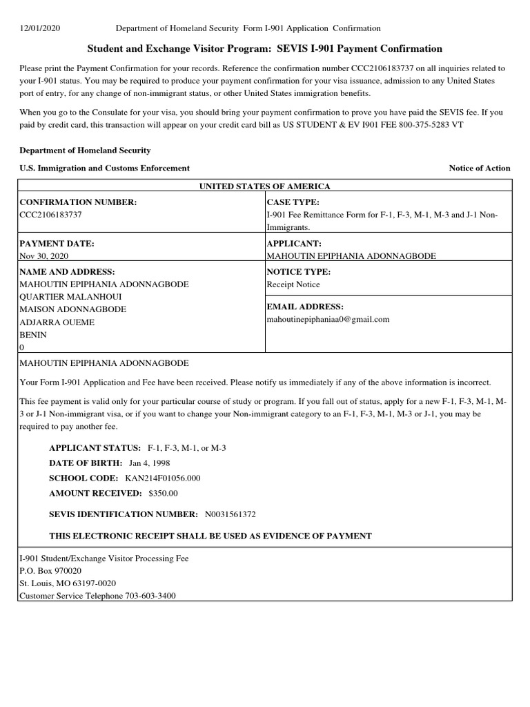 SEVIS I-901 Payment Confirmation Receipt | PDF | Payments | Immigration ...
