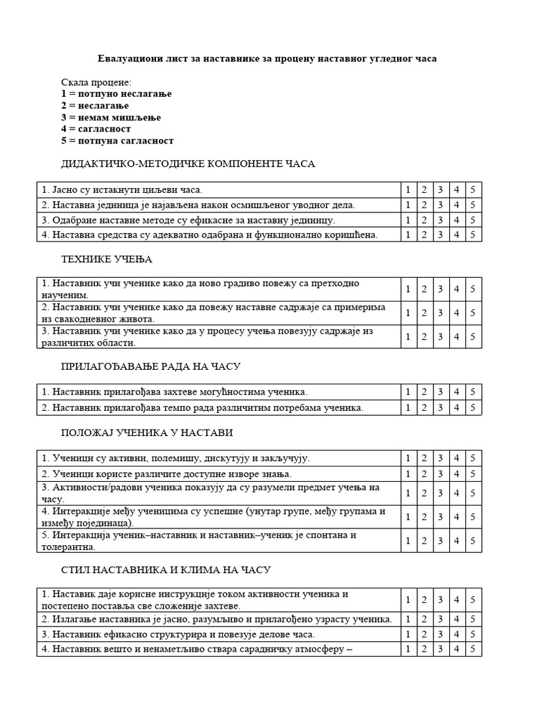 Evaluacioni List Za Nastavnike Ugledni Cas | PDF