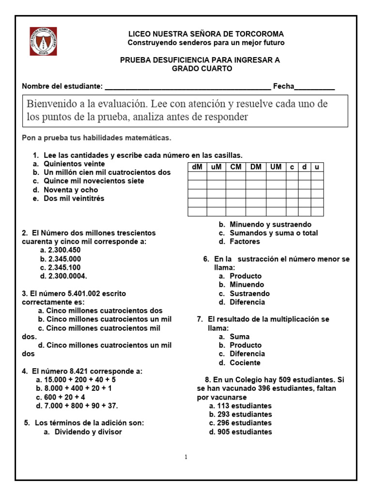 Prueba de Matemáticas 4to Grado | PDF | Sustracción | Matemáticas