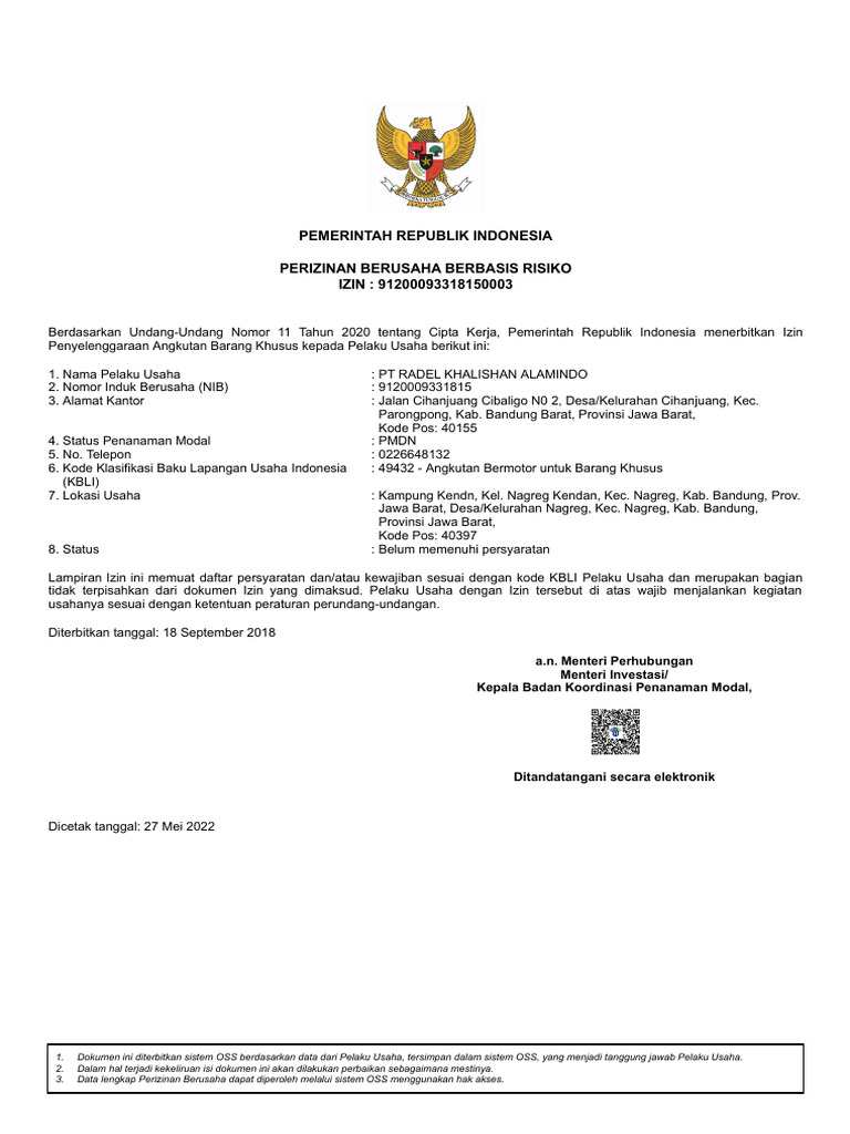 Izin Angkutan Barang Khusus KBLI 49432 | PDF