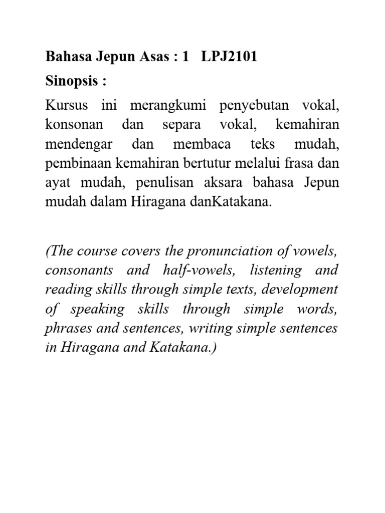 Synopsis LPJ2101 Basic Japanese 1 | PDF