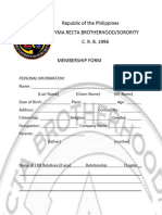 Republic of The Philippines Cyma Recta Brotherhood/Sorority C. R. B. 1996 Membership Form