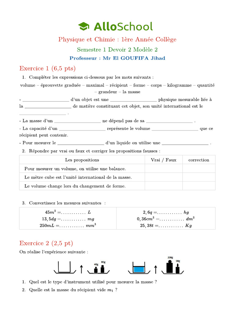 PC 1ac Semestre 1 Devoir 2 Modele 2 1 | PDF