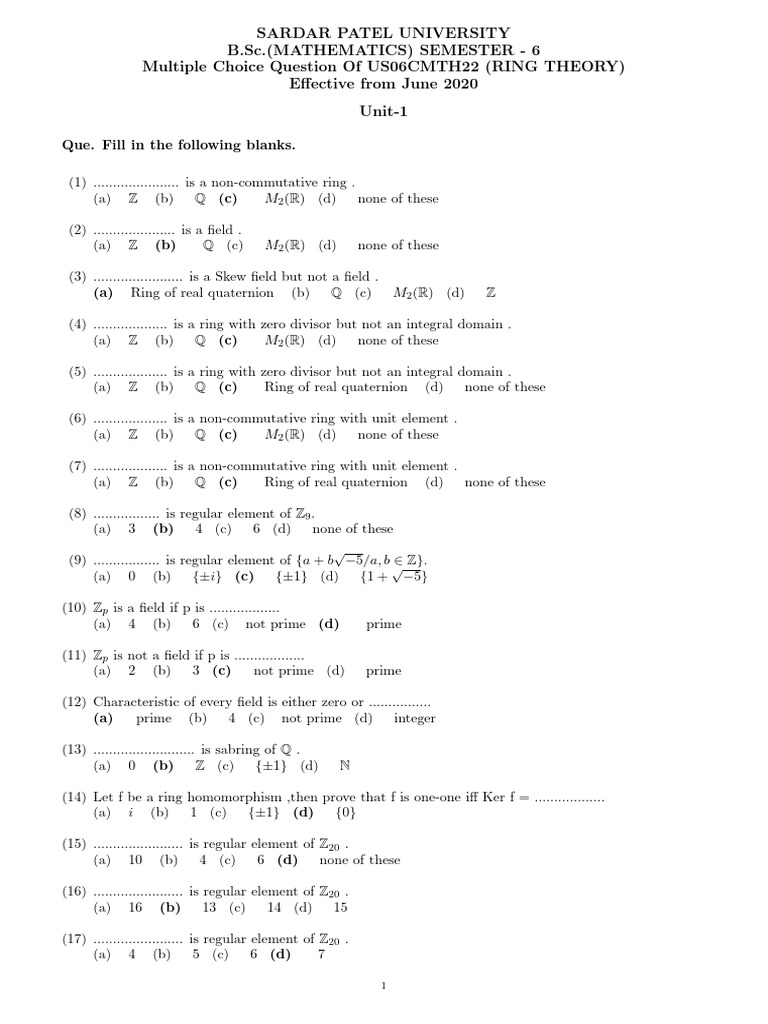 B.Sc. Mathematics: Ring Theory MCQs | PDF | Ring (Mathematics) | Field ...