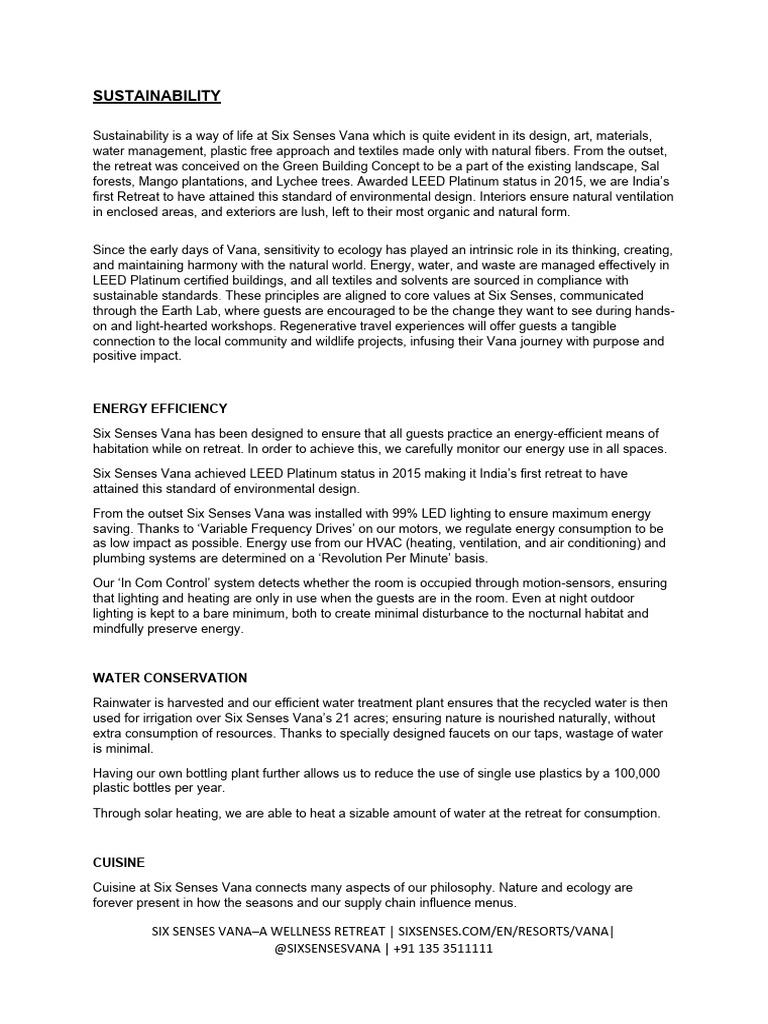 Sustainability Practices at Six Senses Vana | PDF | Efficient Energy ...