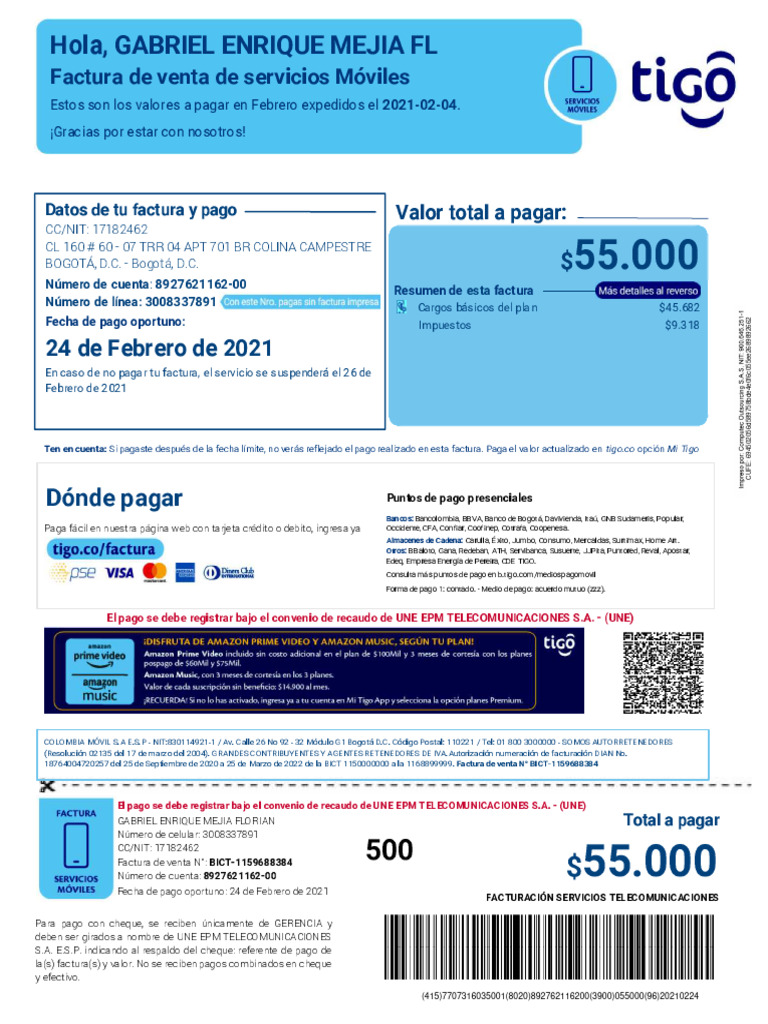 Hola, Gabriel Enrique Mejia FL: Factura de Venta de Servicios Móviles ...
