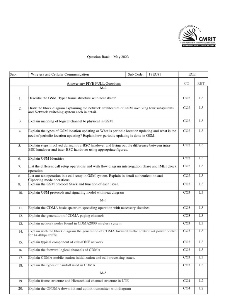Question bank m2 m3 m5 pdf gsm cellular network