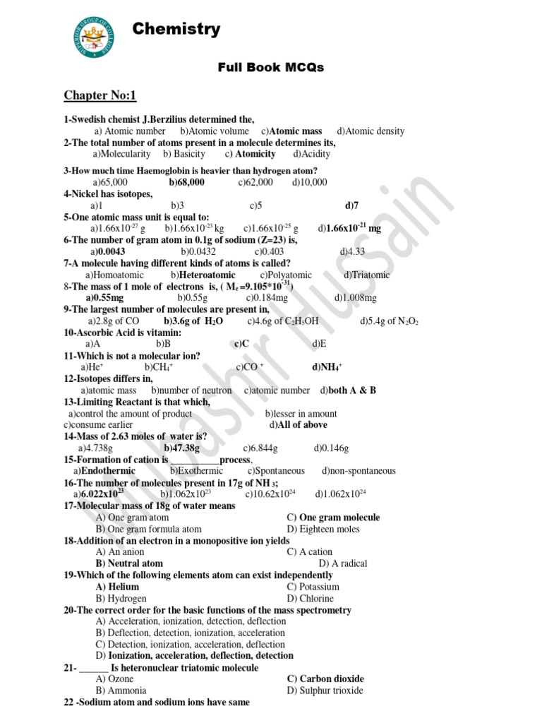 Full book mcqs chemistry pdf redox reaction rate