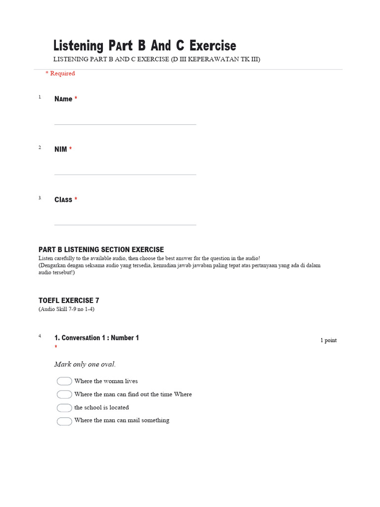 TOEFL Listening Exercises Part B & C | PDF | Language Arts & Discipline