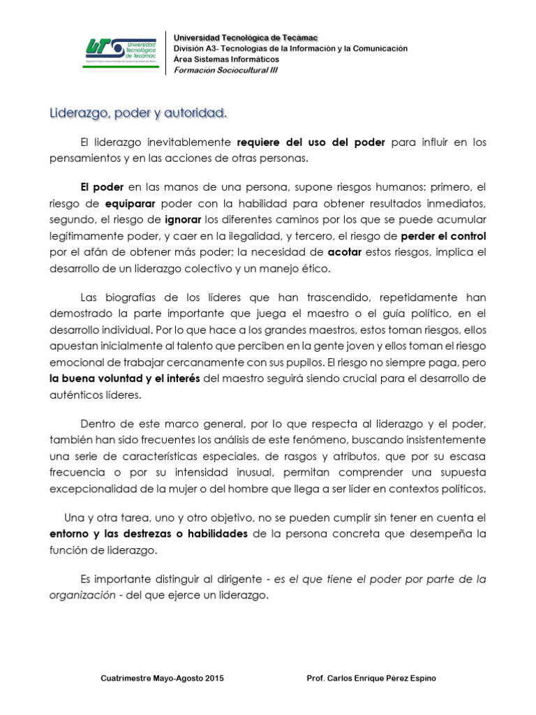 TRABAJO EN EQUIPO Liderazgo Poder y Autoridad | PDF | Liderazgo ...
