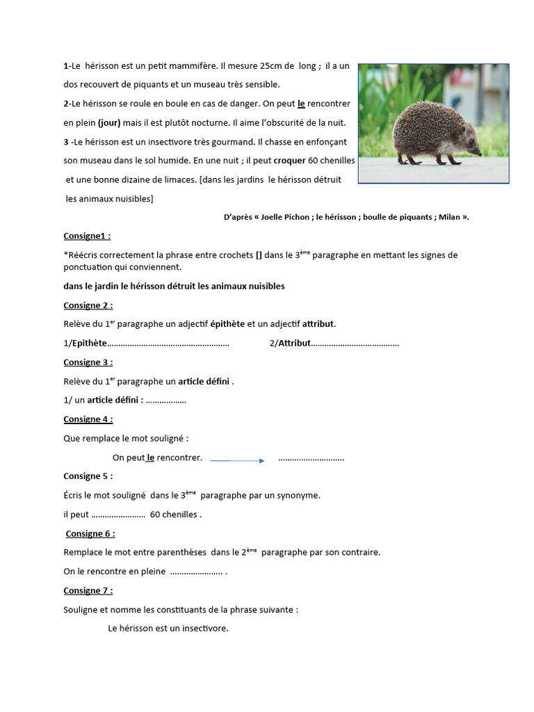 Le hérisson : caractéristiques et habitudes | PDF | Arts du langage et ...