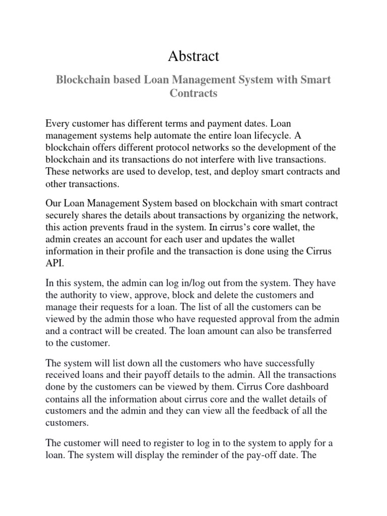 Blockchain Based Loan Management System With Smart Contracts Abstract ...