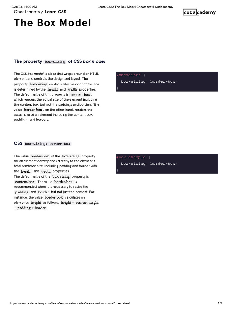 Learn CSS - The Box Model Cheatsheet - Codecademy | PDF | Hypertext ...