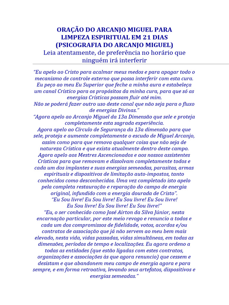 a.ORAÇÃO DO ARCANJO MIGUEL PARA LIMPEZA ESPIRITUAL EM 21 DIAS | PDF ...