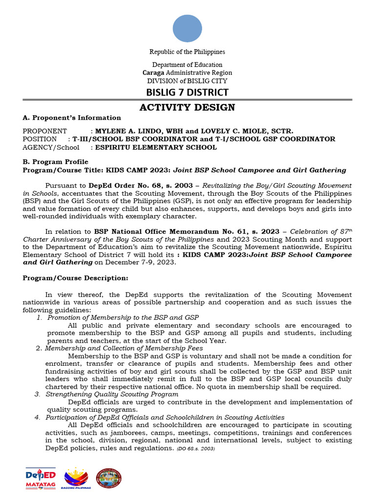 School Activity Design Joint BSP GSP 2023 | PDF | Scouting | Youth ...