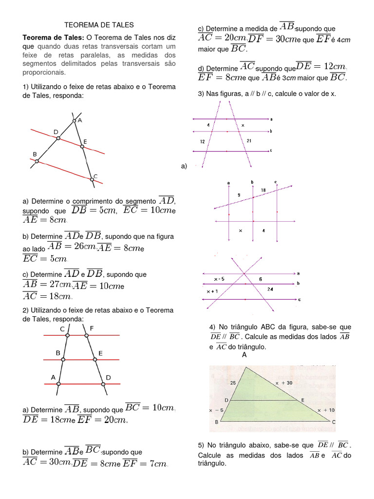 Exercícios sobre Teorema de Tales | PDF | Geometria Elementar ...