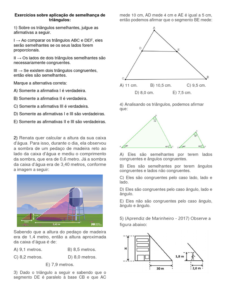 Exercícios sobre Semelhança de Triângulos | PDF | Triângulo | Geometria