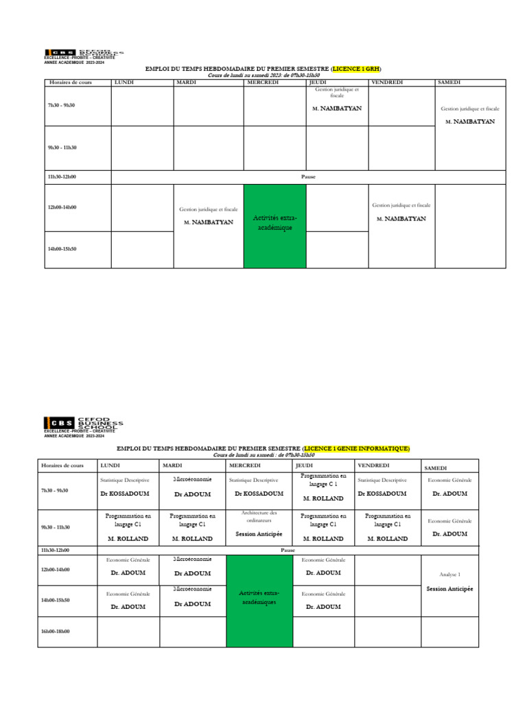 Emplois du Temps S1 2023-2024 | PDF | Informatique | Ingénierie des ...