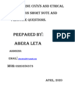 Prepared By: Abera Leta:: Grade Nine Civivs and Ethical Education Short Note and Practice Questions